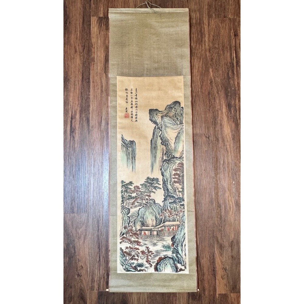Vintage Chinese Landscape Hanging Scroll Mountain Ink Painting Calligraphy 48in